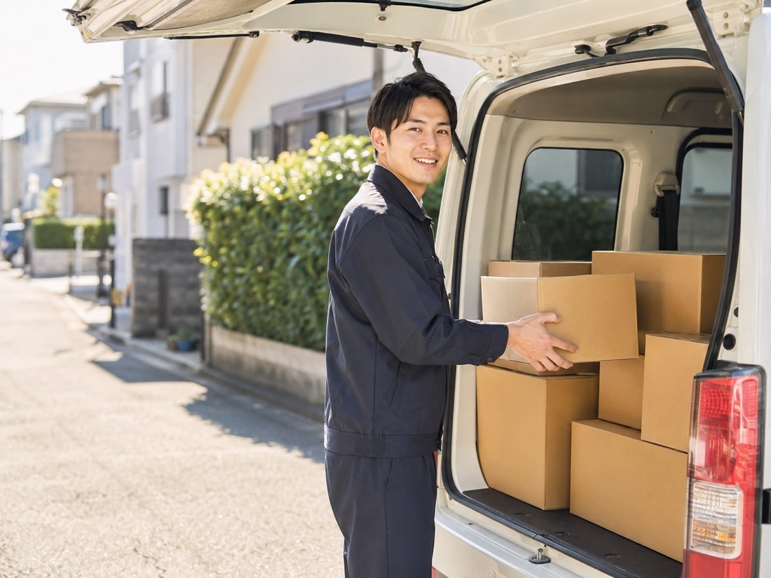 軽貨物ドライバーが住宅街で荷物を積み込む様子