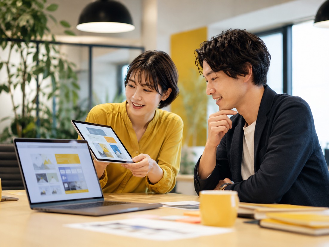 タブレットでWebサイトのデザインを確認する2人
